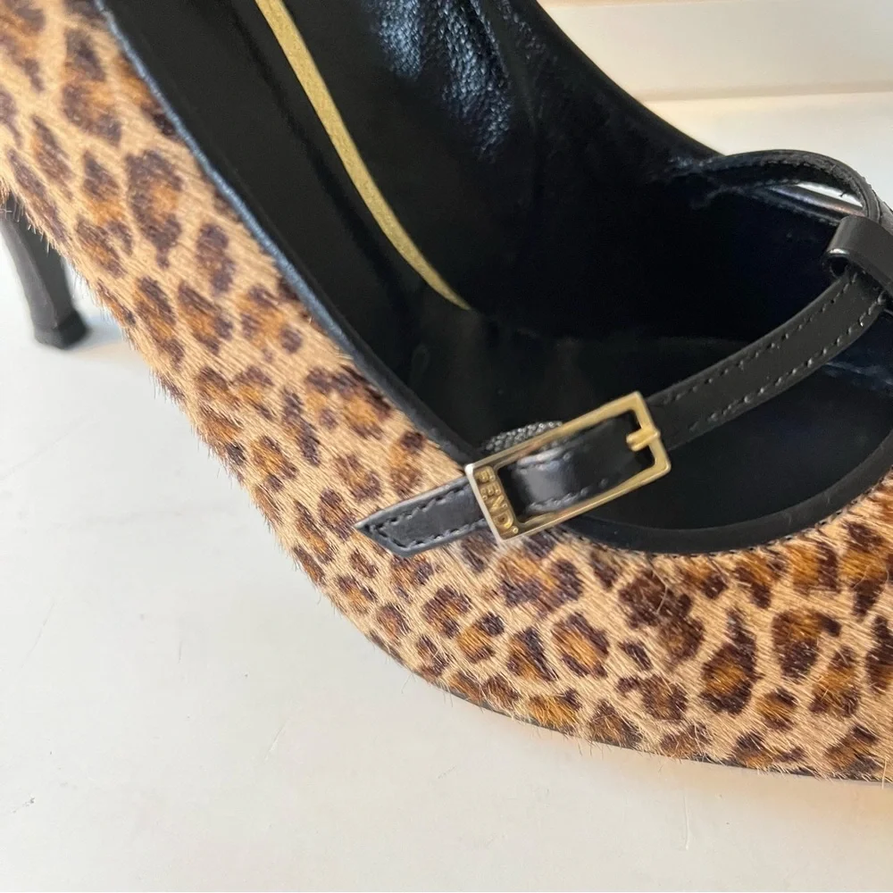 Fendi black tan calf hair animal print heels pumps 38